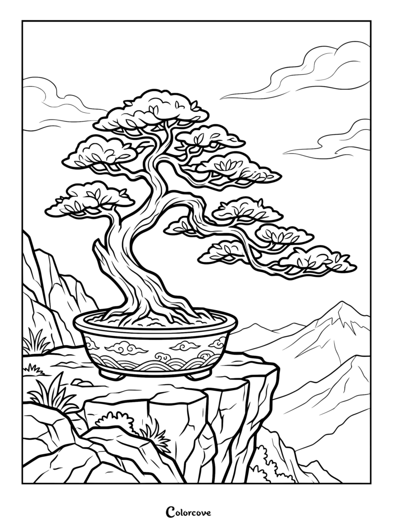 A detailed coloring page featuring a twisted bonsai tree in a decorative pot sitting on a rocky cliff edge with mountain peaks in the background.