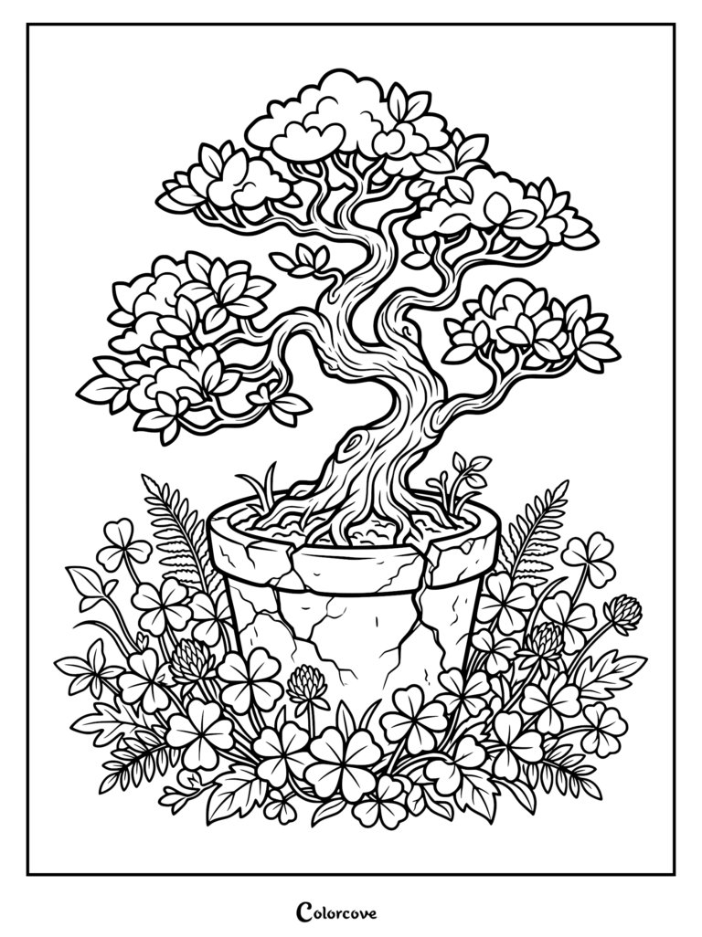 A detailed coloring page featuring a gnarled bonsai tree growing in a cracked ceramic pot surrounded by clover leaves and ferns.