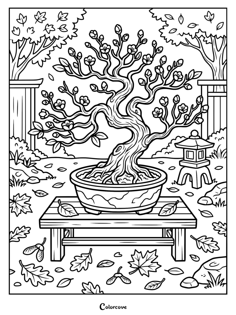 A detailed coloring page featuring a flowering bonsai tree in a pot on a wooden bench, surrounded by a stone lantern and fallen autumn leaves.
