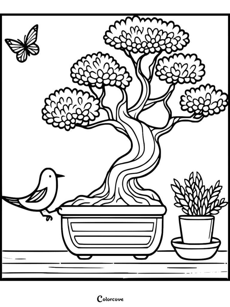 A detailed bonsai tree coloring page featuring a small bird perched on the pot and a butterfly flying nearby.