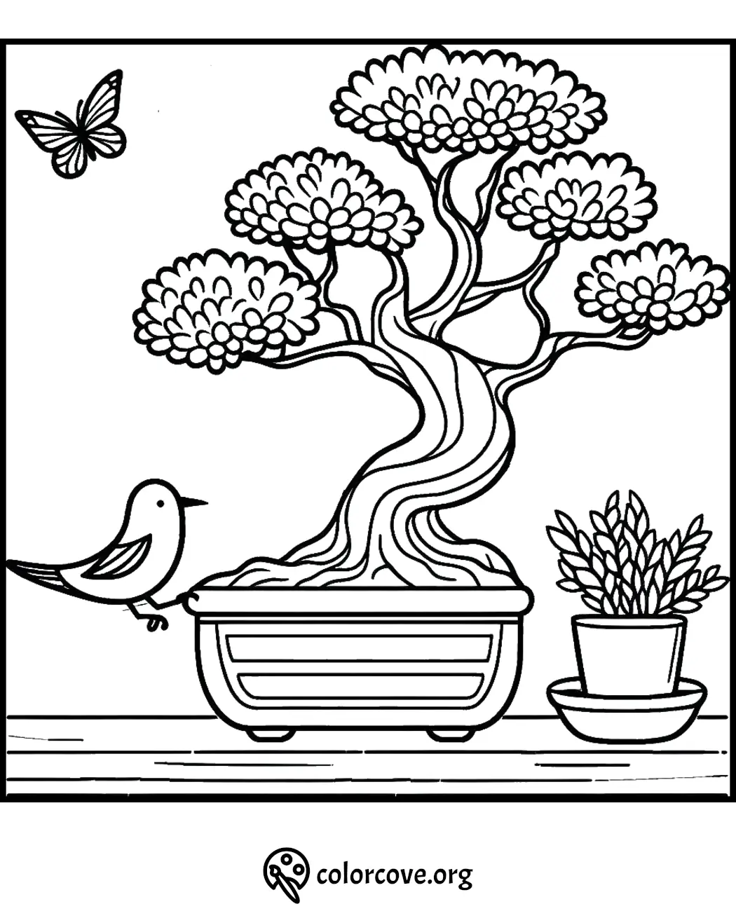 Coloring page featuring a bonsai tree, bird, butterfly, and potted plant for a relaxing creative activity.