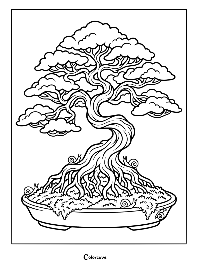 A detailed coloring page featuring a twisted bonsai tree in a ceramic pot with several small snails crawling on the mossy soil.