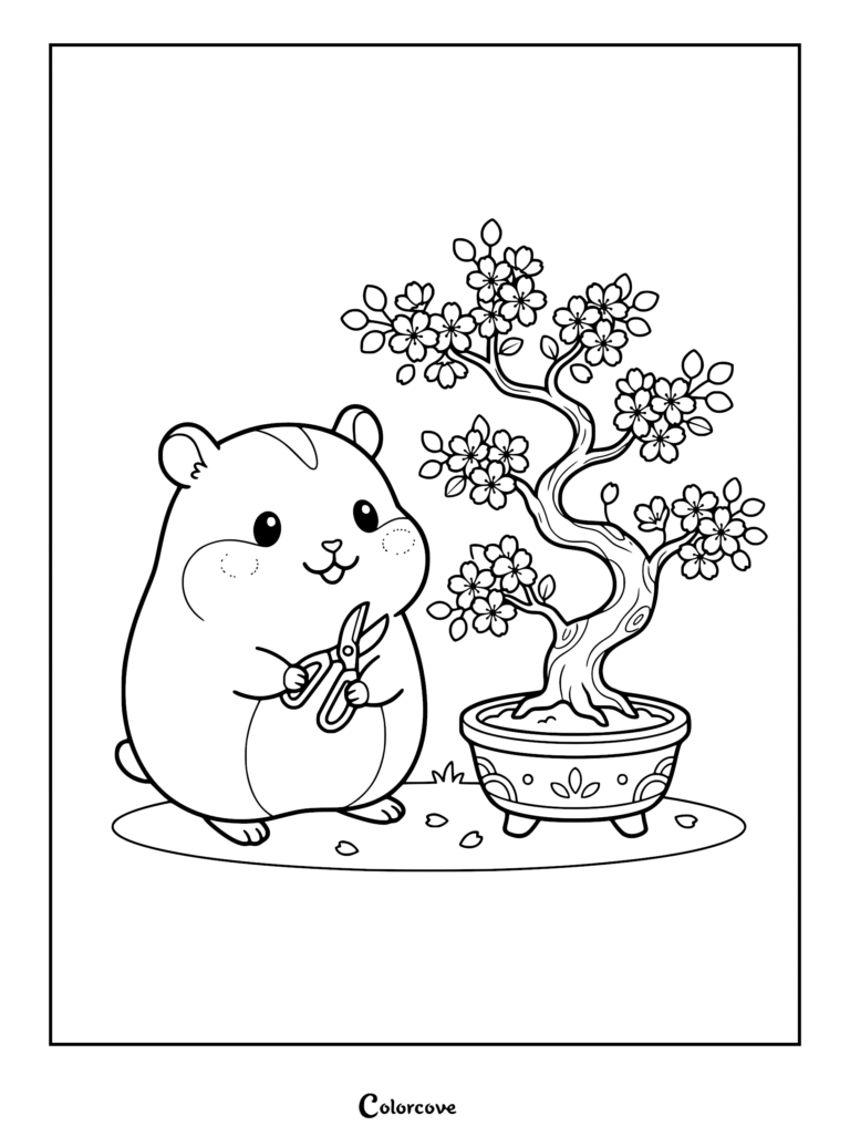 A cute cartoon hamster holding small pruning shears next to a flowering cherry blossom bonsai tree in a decorative pot, coloring page style.