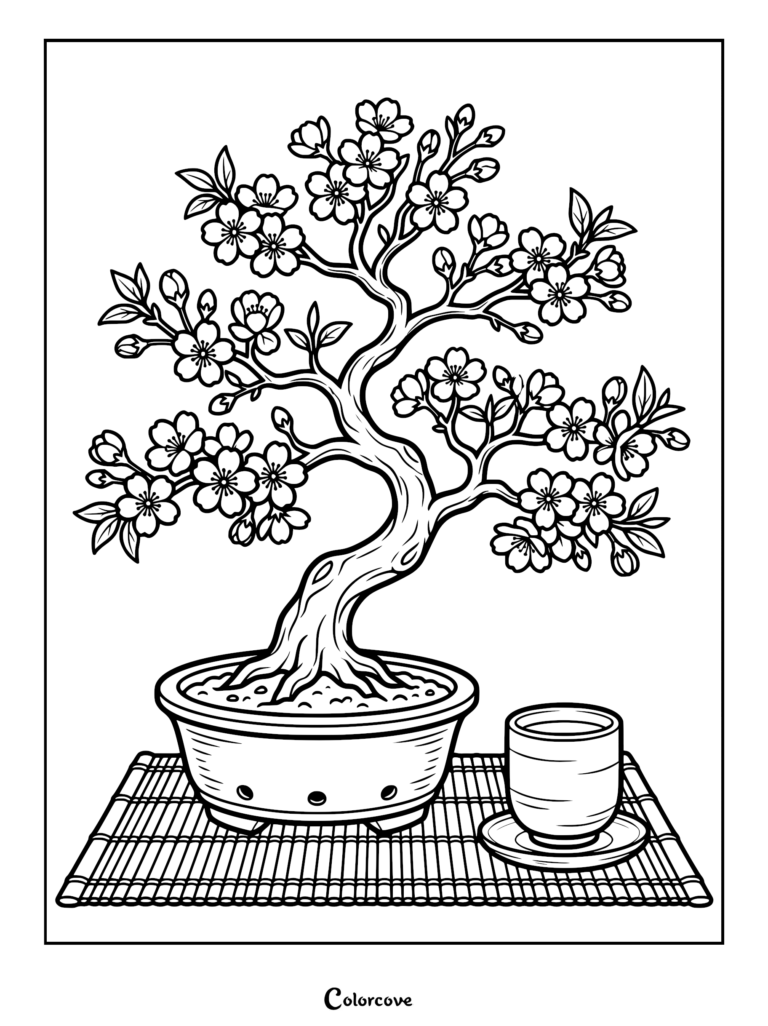 A detailed coloring page of a blooming cherry blossom bonsai tree in a ceramic pot next to a tea cup on a bamboo mat.