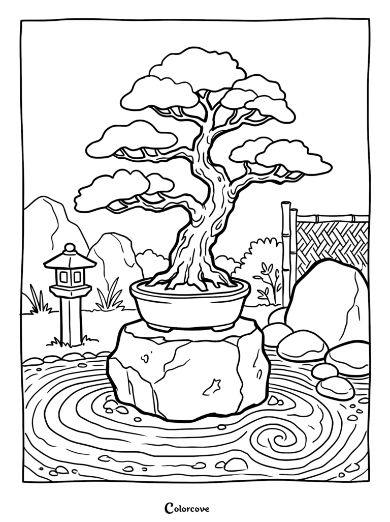 A detailed coloring page featuring a gnarled bonsai tree in a pot resting on a large rock in a raked sand zen garden with a stone lantern and bamboo fence.