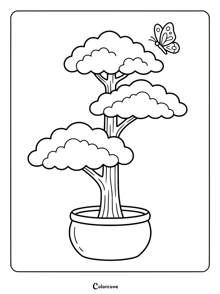 A simple line art coloring page featuring a potted bonsai tree with three cloud-like foliage layers and a small butterfly hovering nearby.