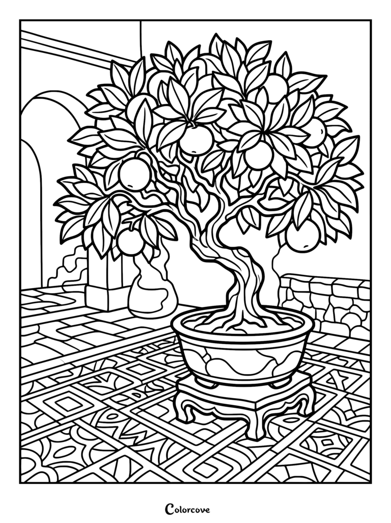 A detailed coloring page featuring a miniature citrus bonsai tree with round fruits and lush leaves in a decorative ceramic pot on a patterned tile floor.