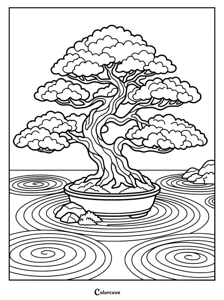 A detailed coloring page featuring a twisted bonsai tree in a ceramic pot surrounded by a raked sand zen garden with circular patterns and small rocks.