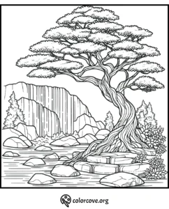 Tree by a waterfall coloring page with rocks and foliage, perfect for stress relief and creativity.