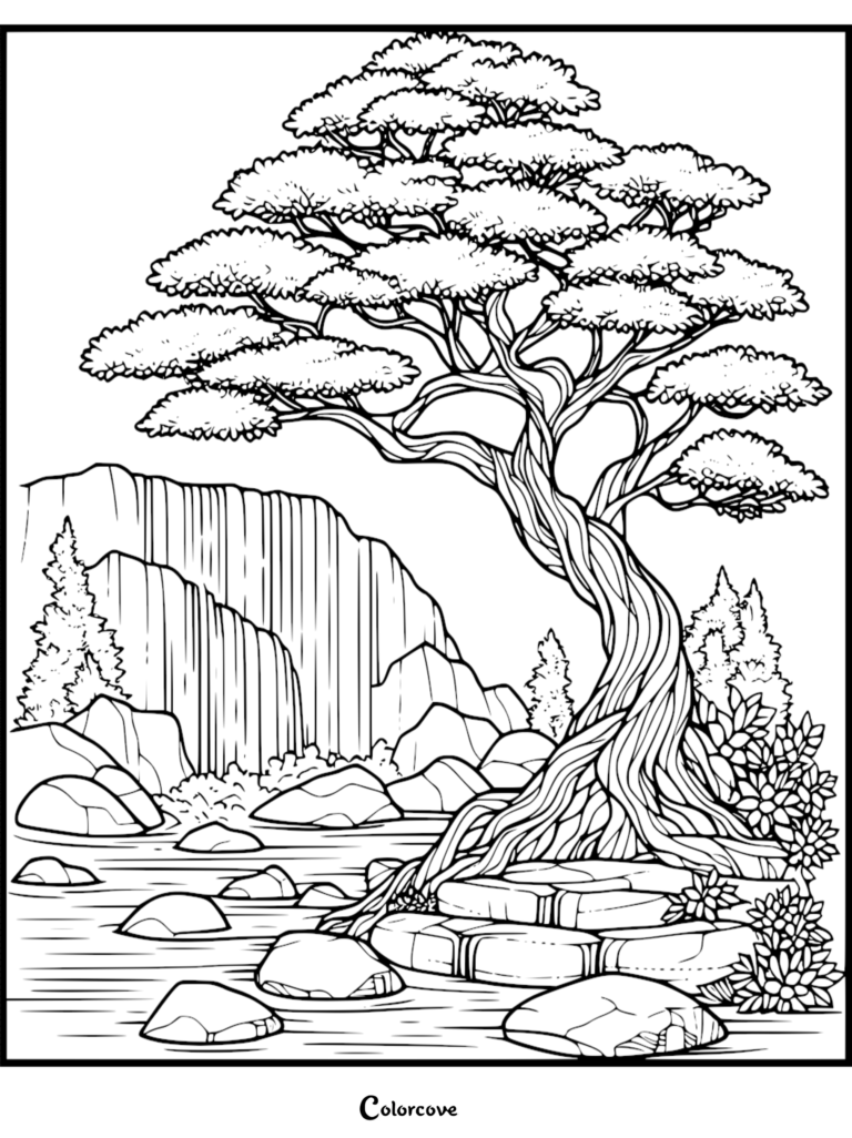 A detailed coloring page featuring a twisted bonsai tree growing on stone steps beside a flowing river with a cliff background.