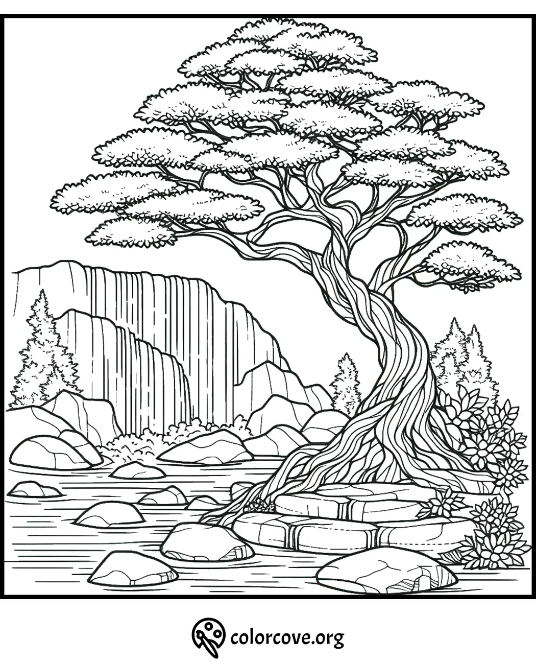 Tree by a waterfall coloring page with rocks and foliage, perfect for stress relief and creativity.