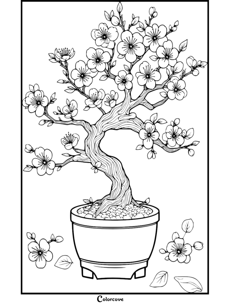 A detailed line art coloring page of a blooming cherry blossom bonsai tree in a ceramic pot with fallen petals on the ground.
