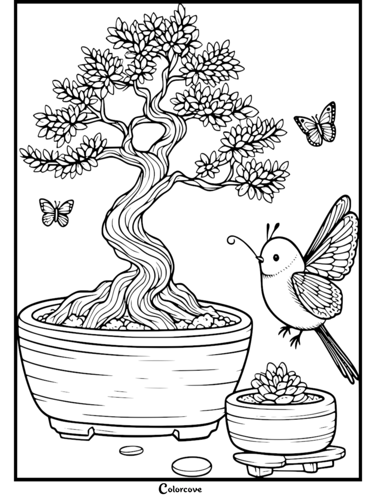 A detailed coloring page featuring a twisted bonsai tree in a ceramic pot, a small hummingbird hovering nearby, and two butterflies.