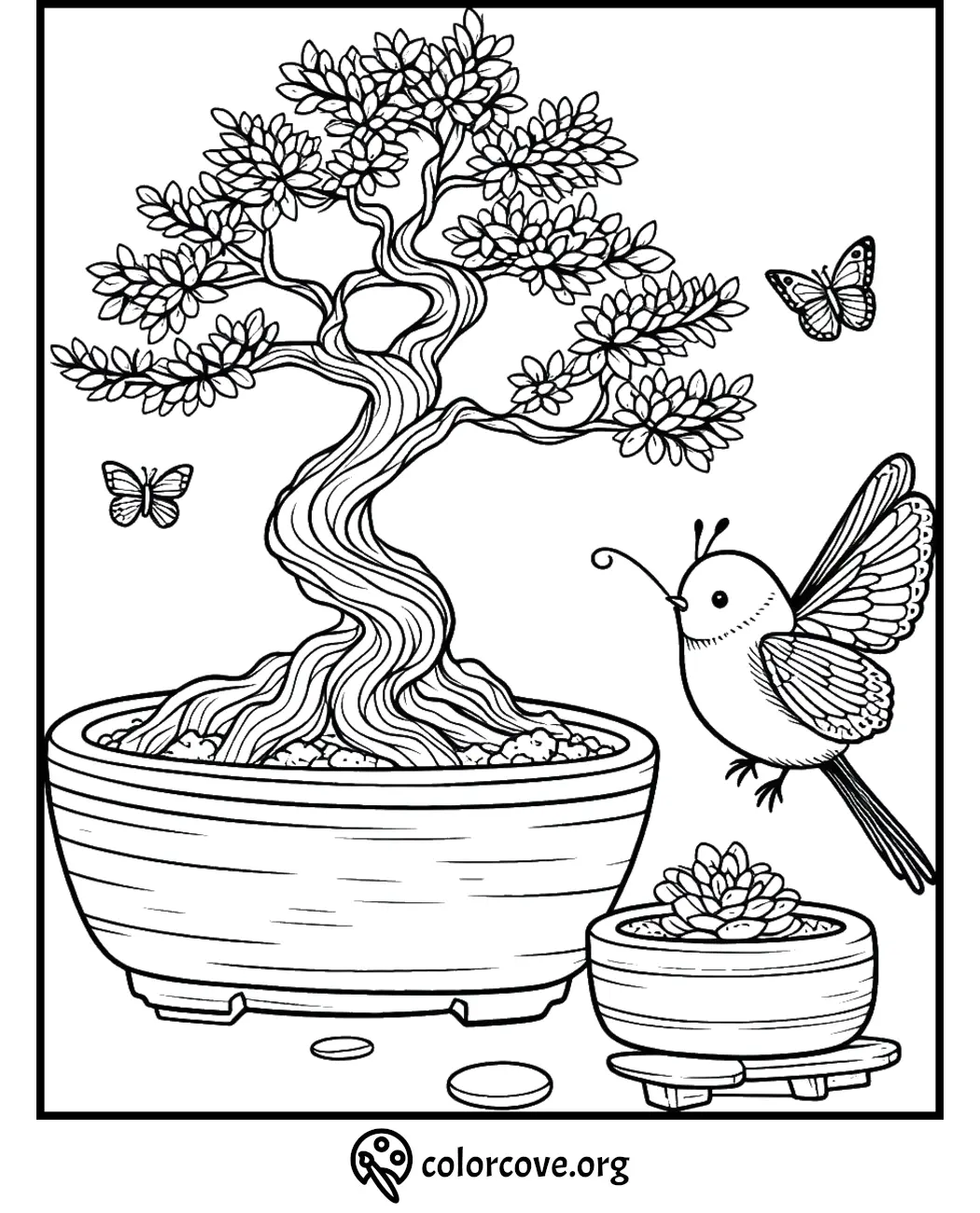 Coloring page of a bonsai tree with a hummingbird and butterflies in a garden setting.