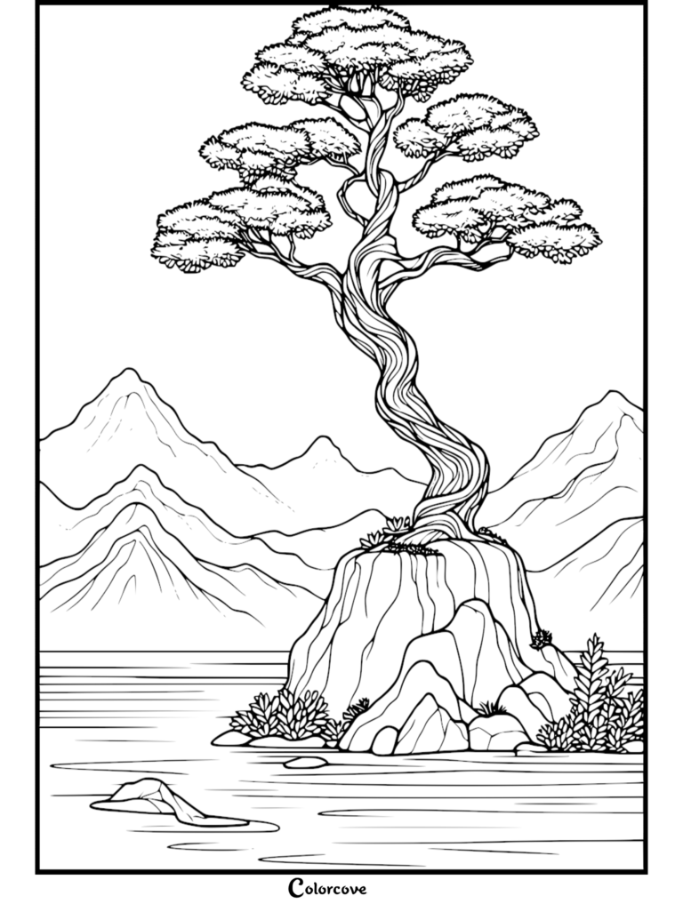 A detailed coloring page featuring a twisted bonsai tree growing atop a rocky island surrounded by water with distant mountains.
