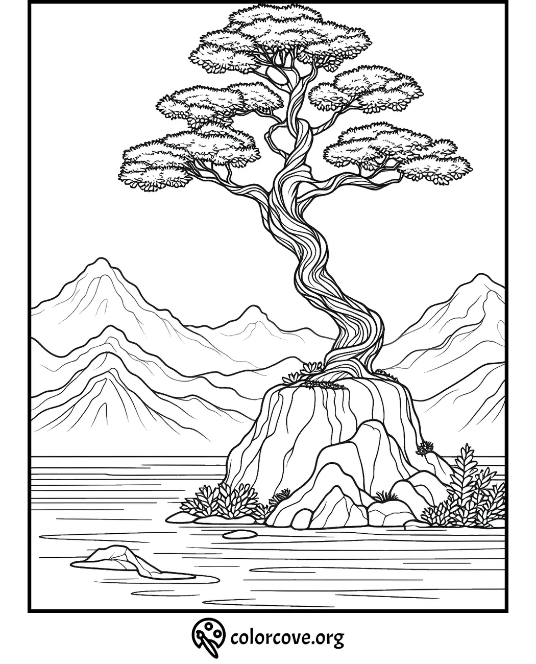 Coloring page with winding tree on a rock, surrounded by mountains and a lake.