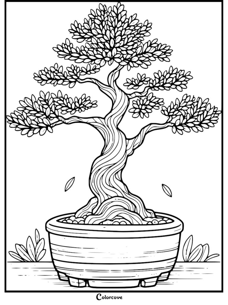 A detailed coloring page featuring a twisted bonsai tree with layered foliage in a ceramic pot with two falling leaves.