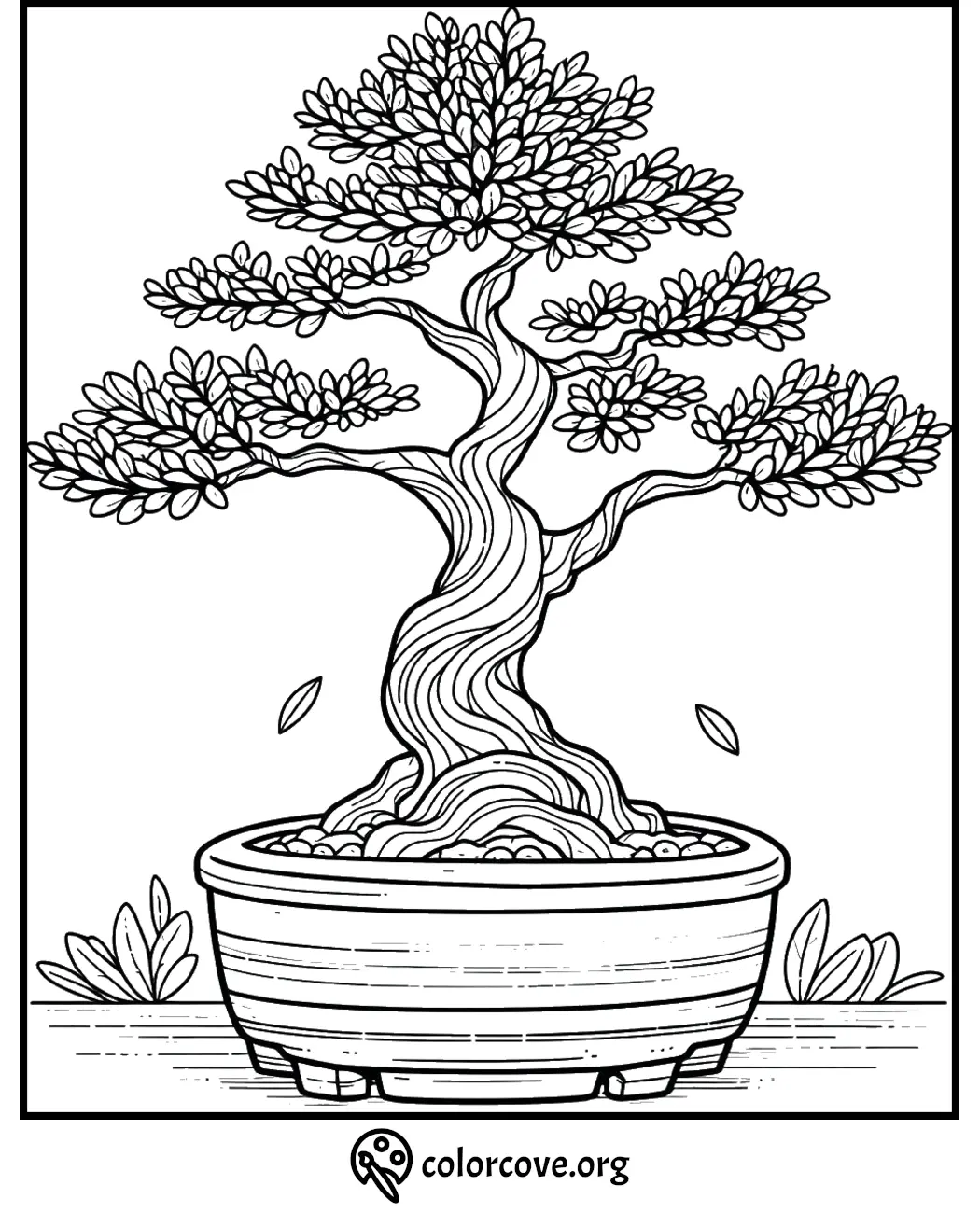 Bonsai tree coloring page with detailed branches in a pot. Perfect for relaxing and creativity.