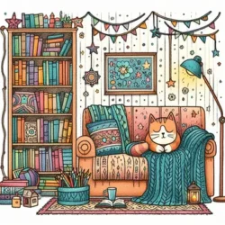 Cozy cat on couch in colorful, book-filled living room coloring page with patterned decor and creative atmosphere.