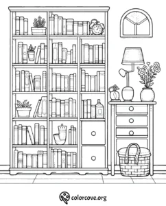 Coloring page of a cozy bookshelf and nightstand with clock, lamp, and plants for home decor creativity.