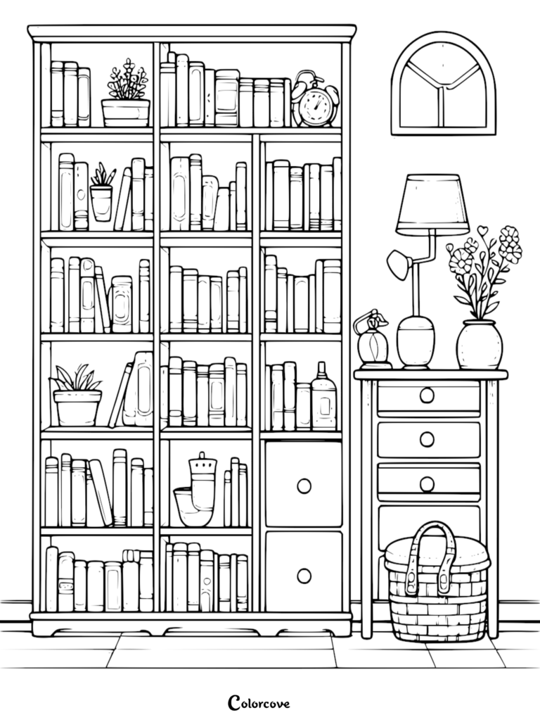 A detailed coloring page featuring a tall, multi-shelf bookcase filled with books, potted plants, and an alarm clock, next to a nightstand with a lamp, flowers, and a woven basket.