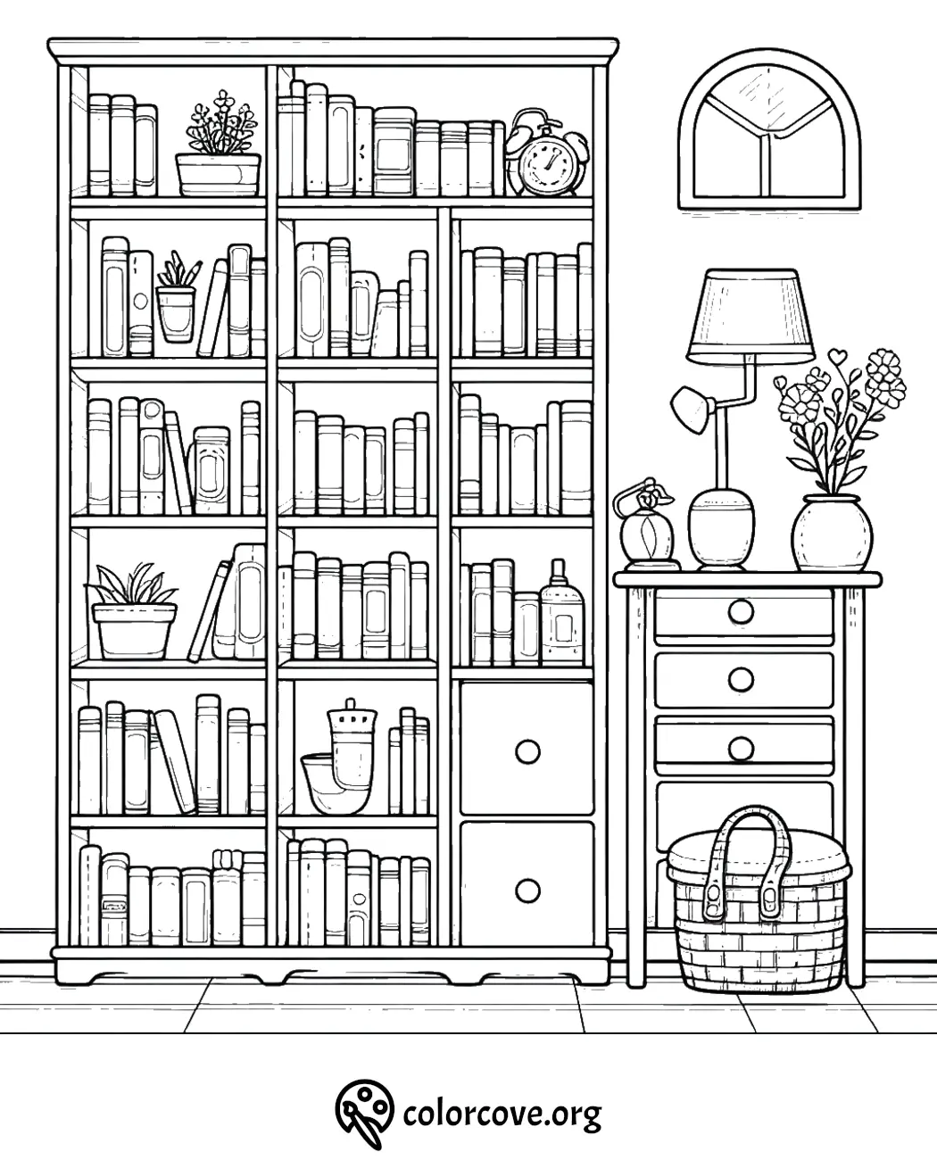 Coloring page of a cozy bookshelf and nightstand with clock, lamp, and plants for home decor creativity.