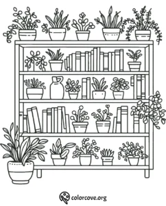Bookshelf with potted plants coloring page, perfect for relaxation and creativity. Download at colorcove.org.