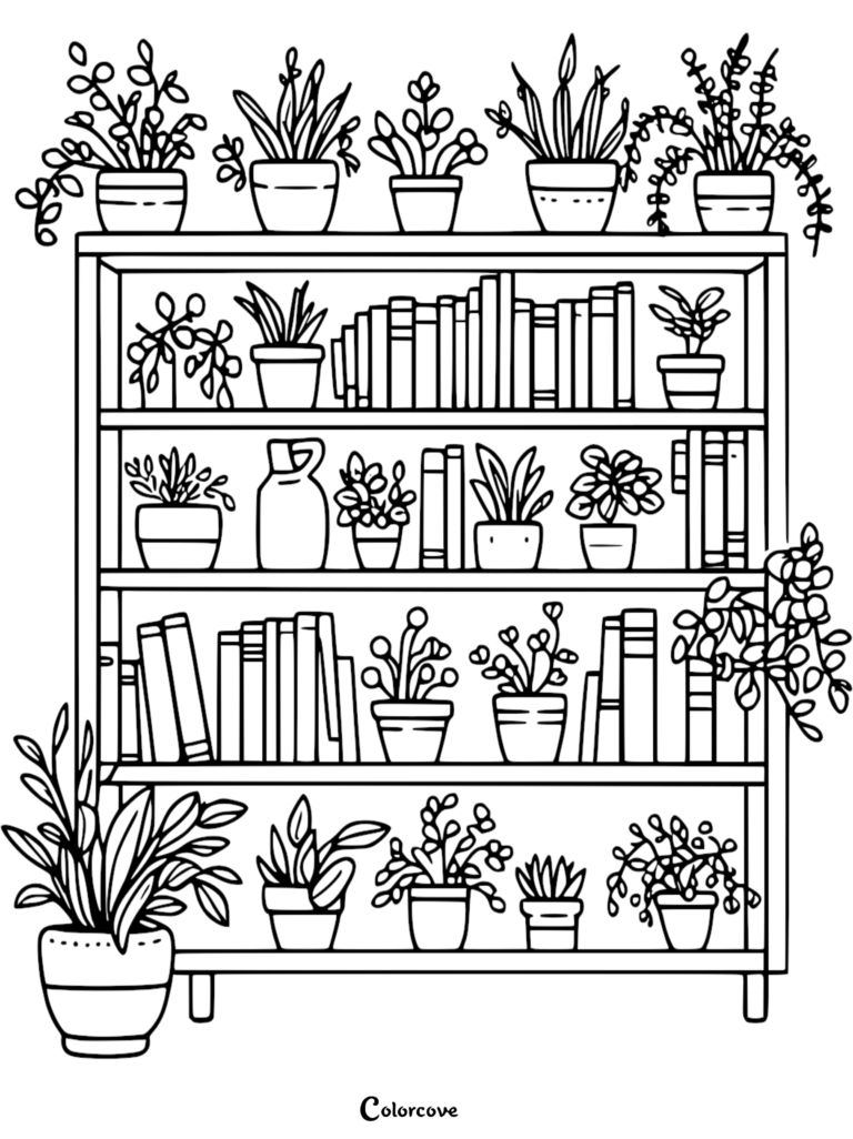 A line art coloring page featuring a tall wooden bookshelf filled with various potted houseplants, trailing vines, and rows of books on multiple shelves.