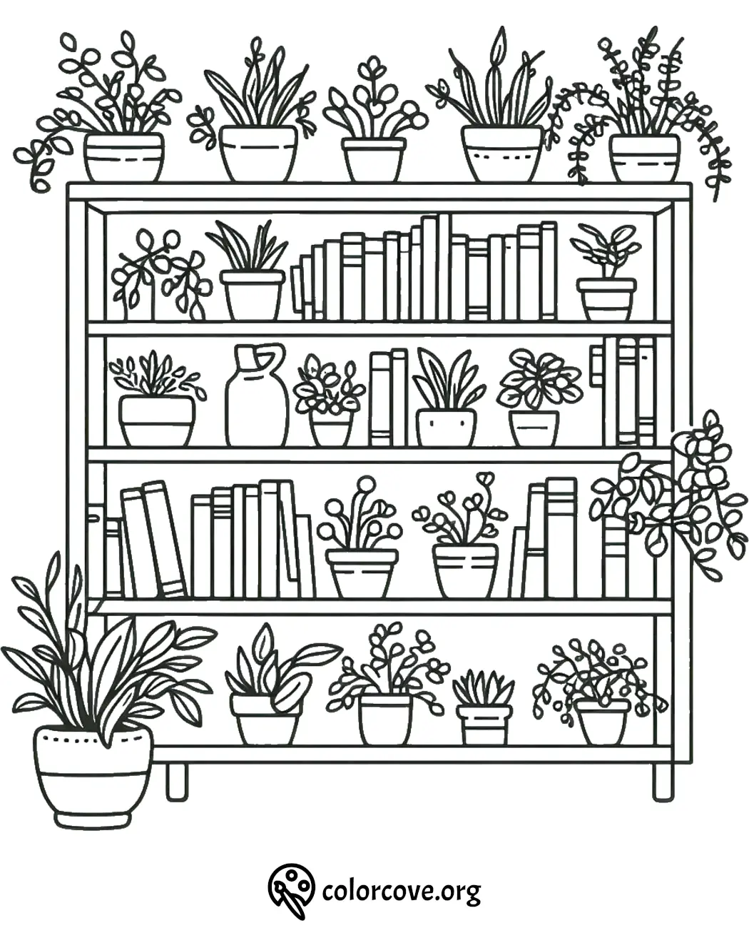 Bookshelf with potted plants coloring page, perfect for relaxation and creativity. Download at colorcove.org.