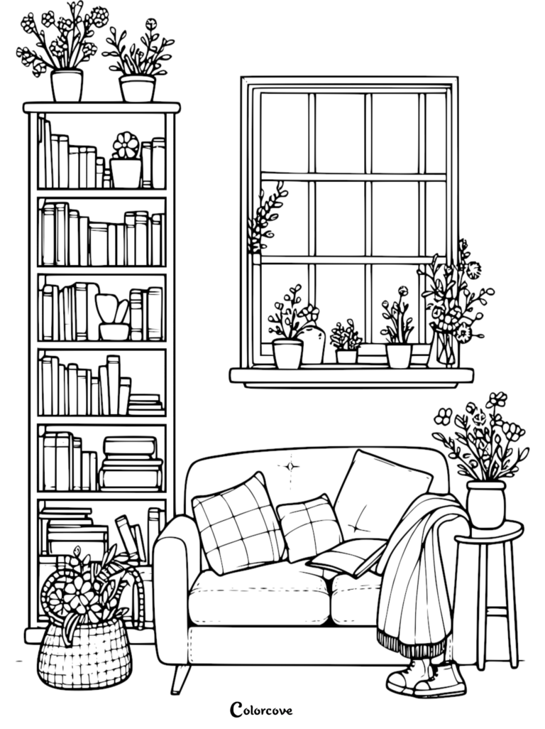 A cozy bookshelf coloring page featuring a tall bookcase filled with books, a window with potted plants on the sill, and a comfortable armchair with a blanket and open book.