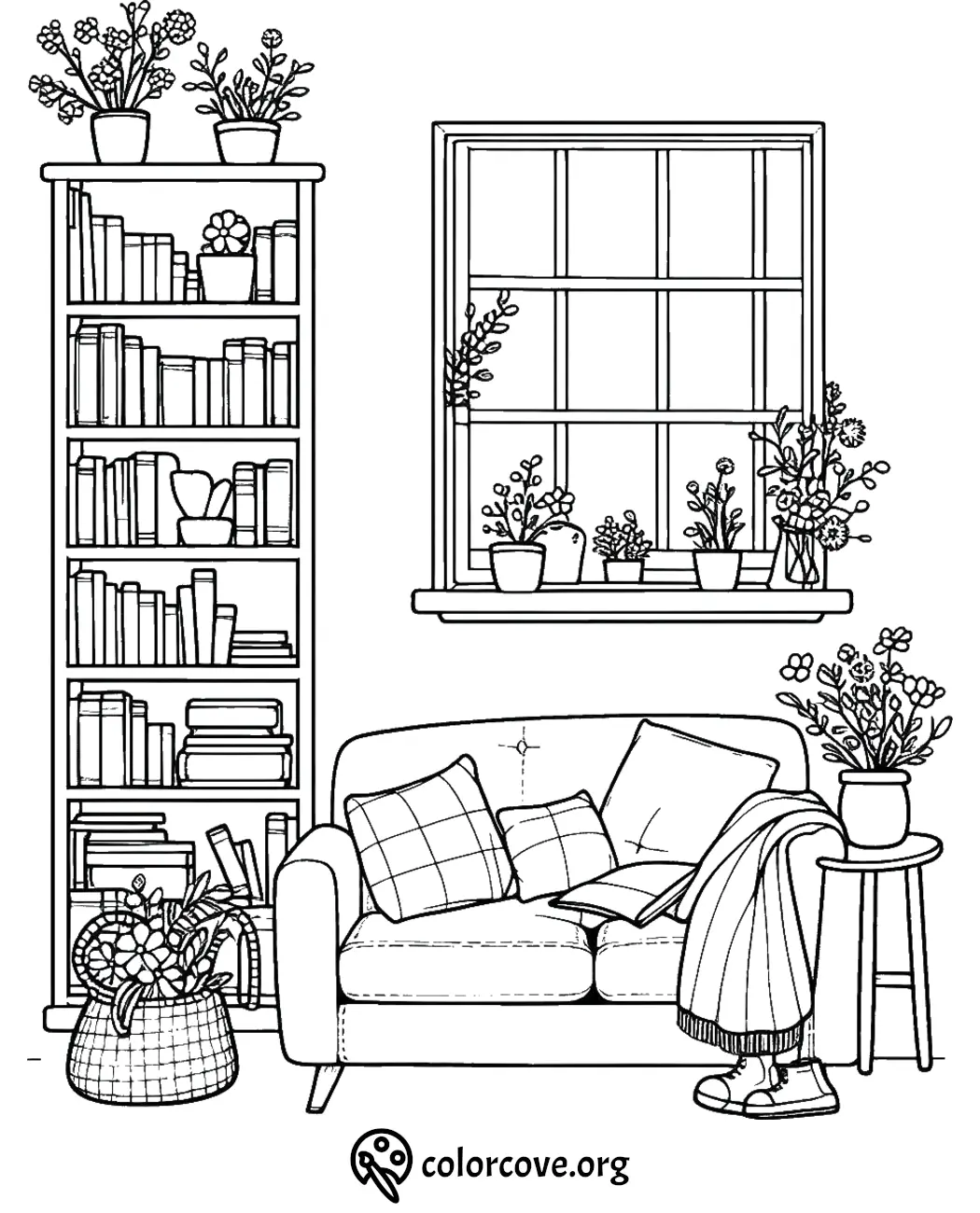 Cozy living room coloring page with couch, books, and indoor plants by ColorCove.org.