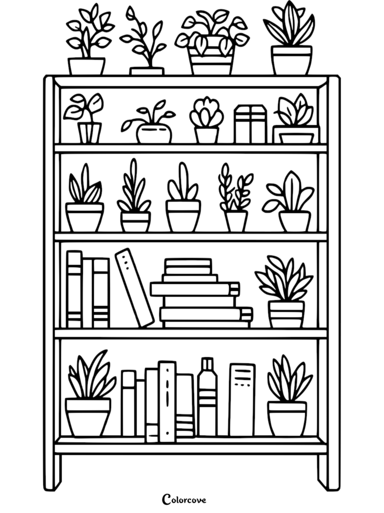 A line art coloring page featuring a tall wooden bookshelf filled with various potted houseplants and stacks of books on multiple shelves.