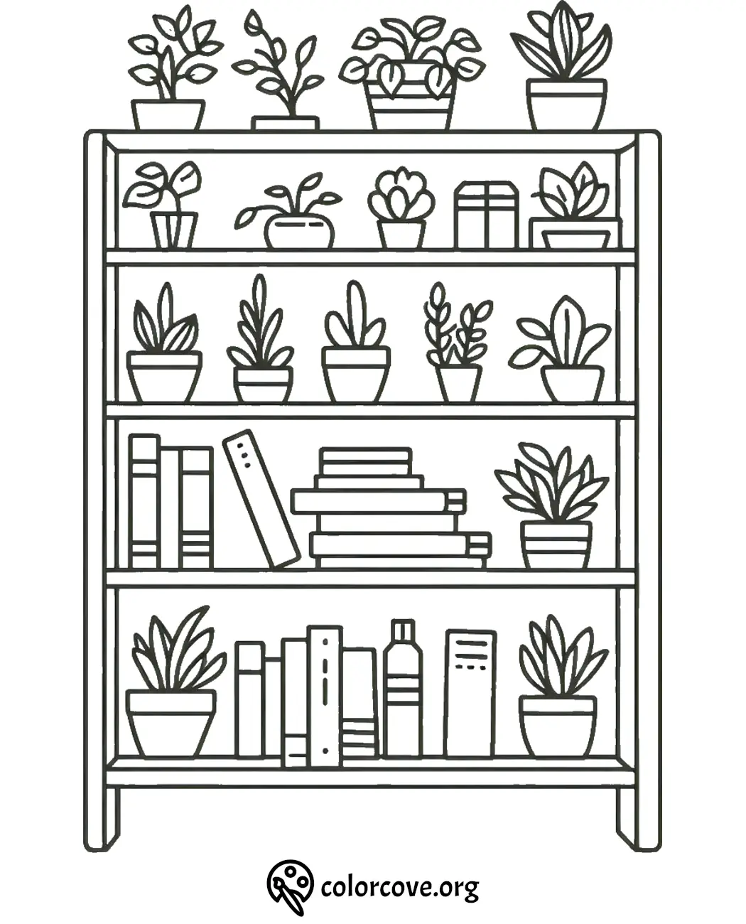 Coloring page of a bookshelf with potted plants, books, and decorative items. Perfect for relaxation and creativity.