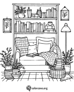 Cozy reading nook coloring page with bookshelves, armchair, plants, and knitted blanket. Perfect for relaxation and creativity.