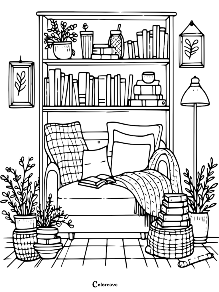 A detailed coloring page featuring a cozy armchair with a plaid throw blanket, surrounded by potted plants, a floor lamp, and a tall bookshelf filled with books and decor.