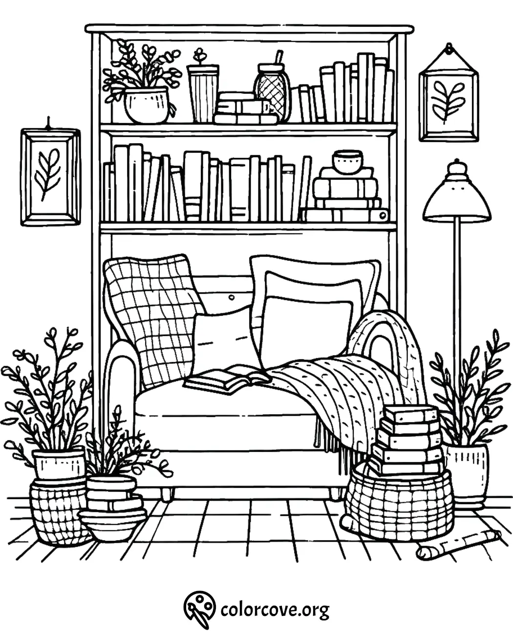 Cozy reading nook coloring page with bookshelves, armchair, plants, and knitted blanket. Perfect for relaxation and creativity.