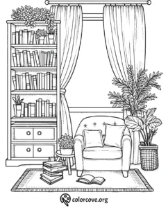 Cozy reading nook coloring page featuring an armchair, bookshelf, plants, and open book by the window.