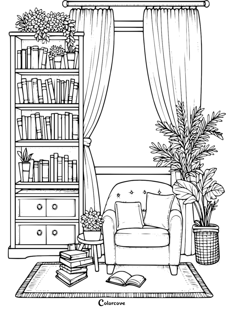 A cozy reading nook coloring page featuring a tall bookshelf filled with books, a comfortable armchair, indoor potted plants, and an open book on a rug.
