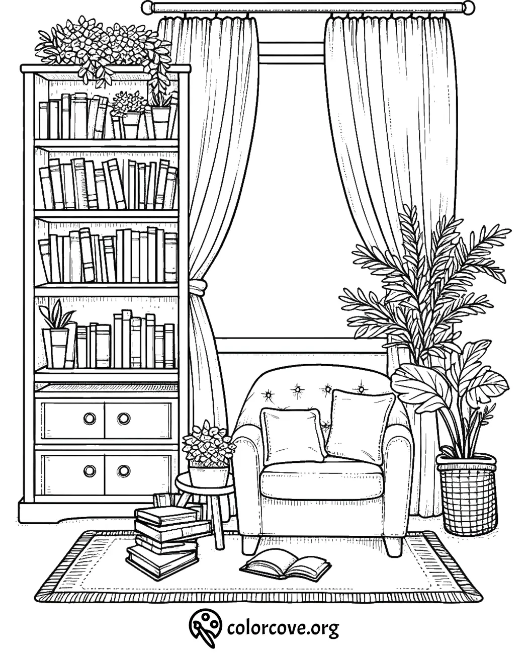 Cozy reading nook coloring page featuring an armchair, bookshelf, plants, and open book by the window.