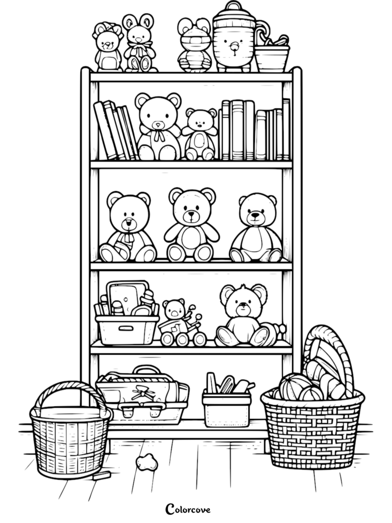 A detailed coloring page featuring a wooden bookshelf filled with various teddy bears, small figurines, books, and woven storage baskets on the floor.