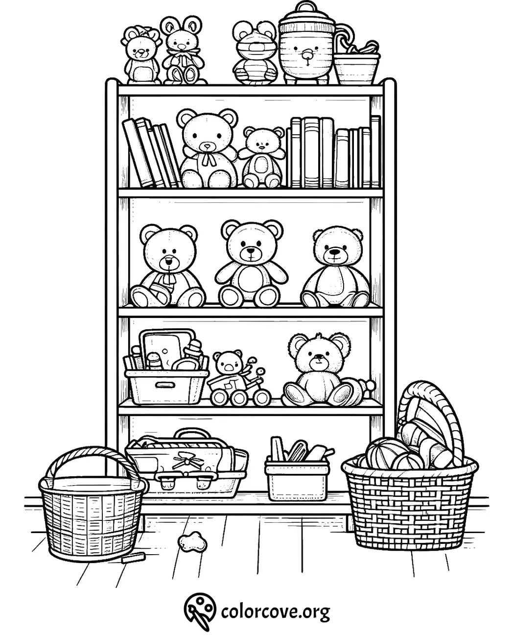 Coloring page featuring a shelf with teddy bears, books, baskets, and toys. Fun and creative coloring activity!