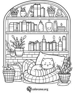 Cozy reading nook coloring page with a cat, bookshelves, plants, and cushions for relaxation and creativity.