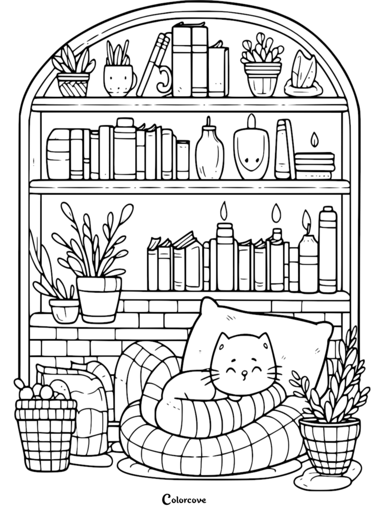 A detailed coloring page featuring an arched bookshelf filled with books, potted plants, and candles, with a happy cat curled up in a soft bed below.