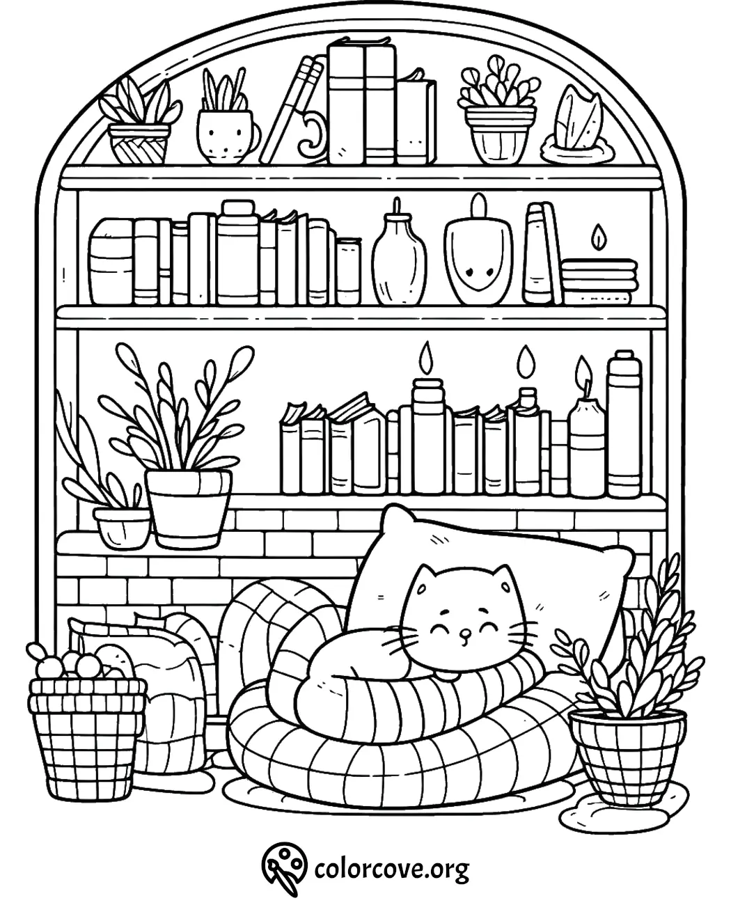 Cozy reading nook coloring page with a cat, bookshelves, plants, and cushions for relaxation and creativity.