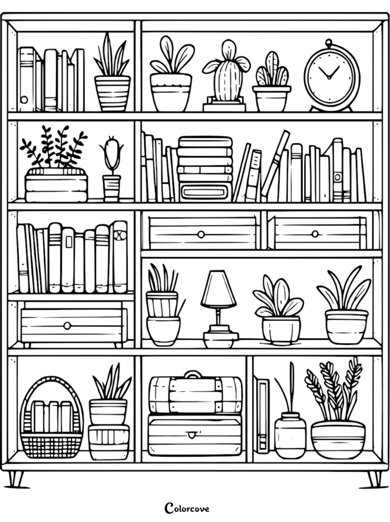 A detailed coloring page of a wooden bookshelf filled with various books, potted houseplants, a vintage alarm clock, a small desk lamp, and stacked storage trunks.