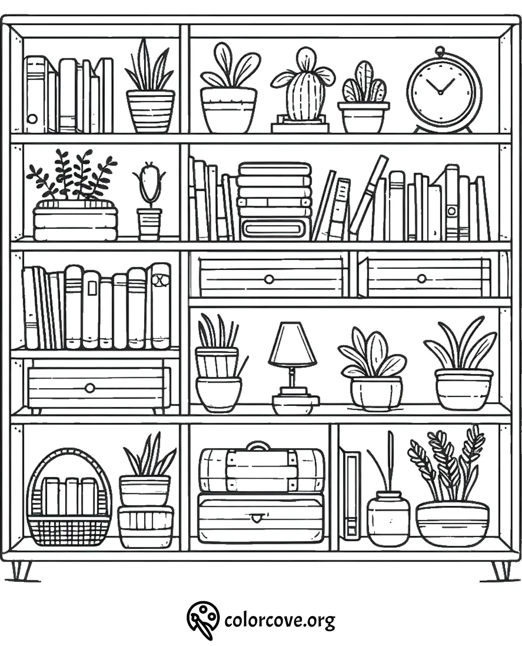 Coloring page featuring books, plants, and a clock on a bookshelf. Great for relaxation and creativity.