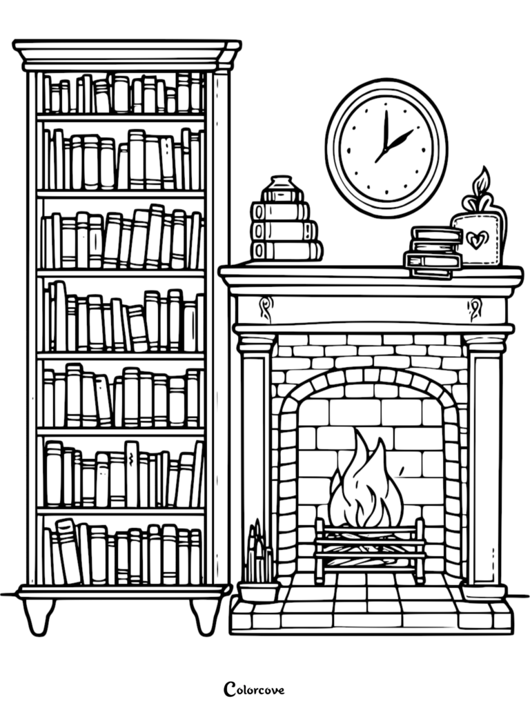 A detailed coloring page featuring a tall, overflowing bookshelf next to a brick fireplace with a roaring fire, a wall clock, and stacks of books on the mantel.