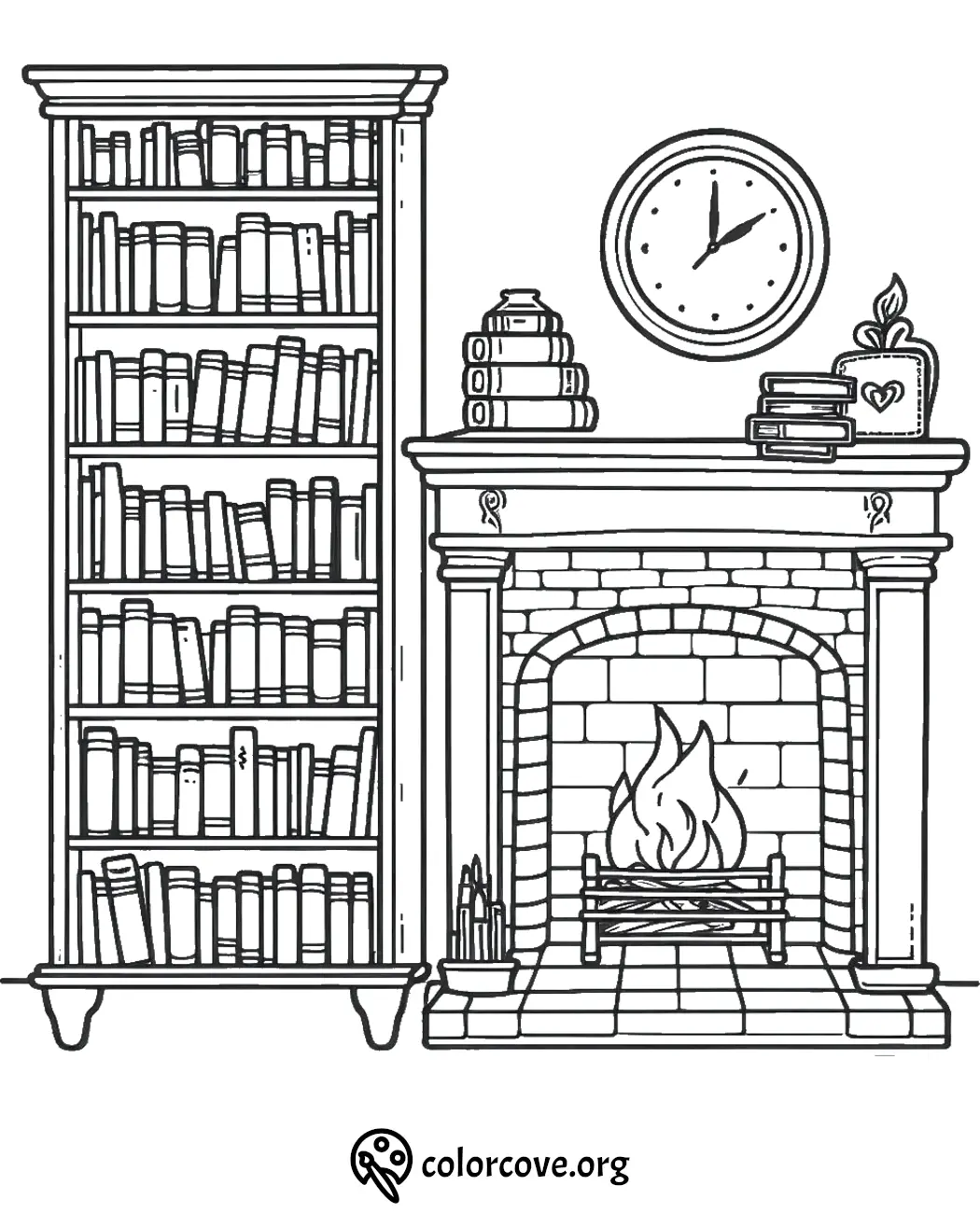 Cozy library coloring page with bookshelf, fireplace, and clock. Perfect for relaxing and creative coloring activities.