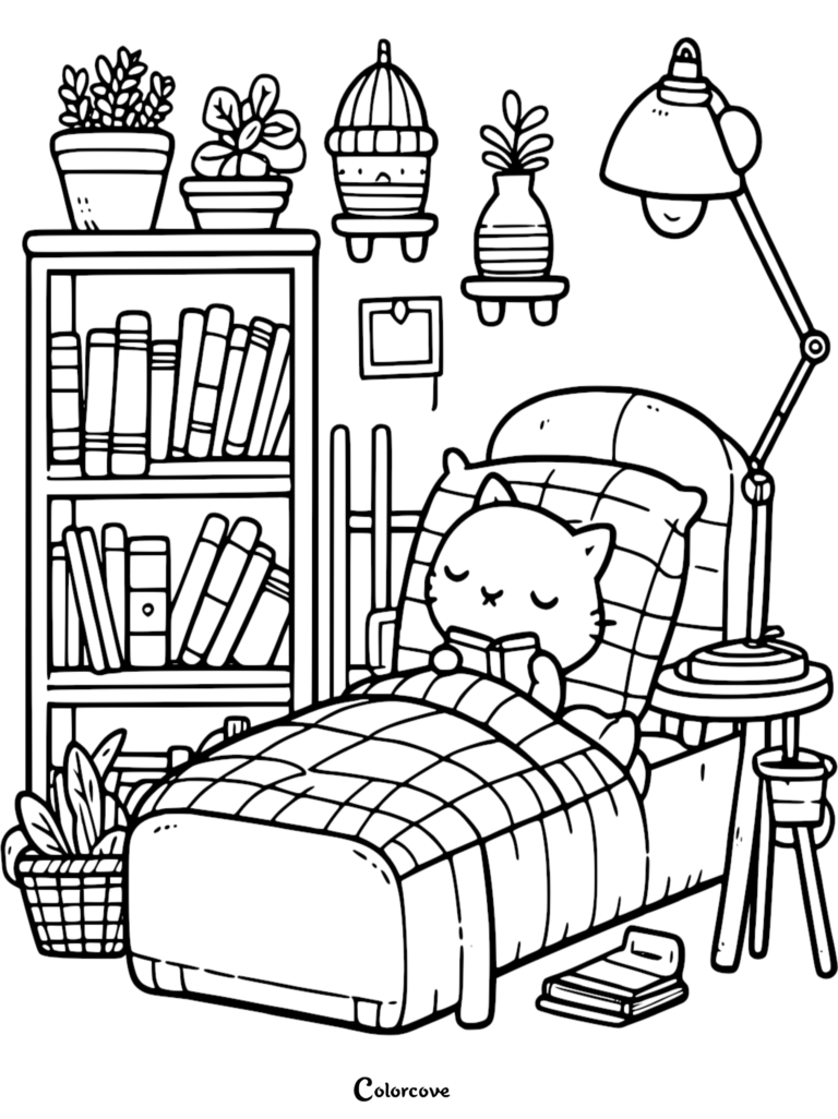 A cute cat reading a book in bed next to a bookshelf, coloring page style with plants and a desk lamp.