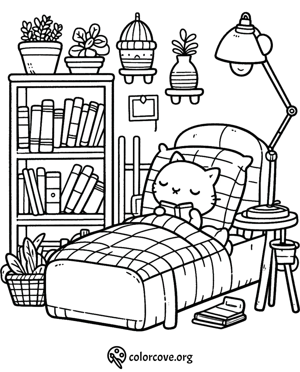 Cute cat reading book in cozy bedroom with plants and bookshelf, coloring page.